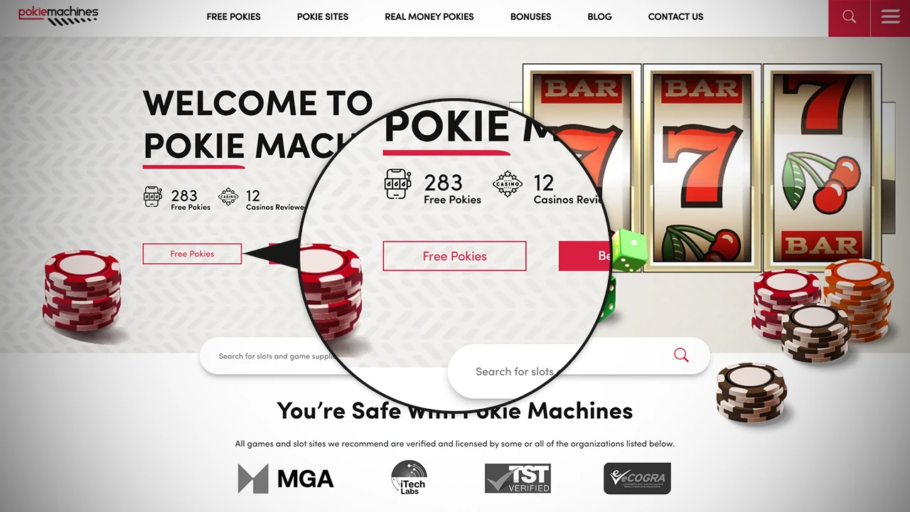 Free Pokies button on Pokie Machines homepage